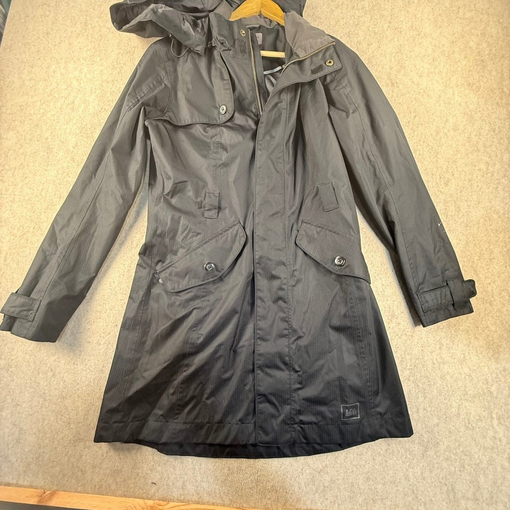 REI Womens Small Black Rain Trench Coat Hooded Long Jacket RN 37249